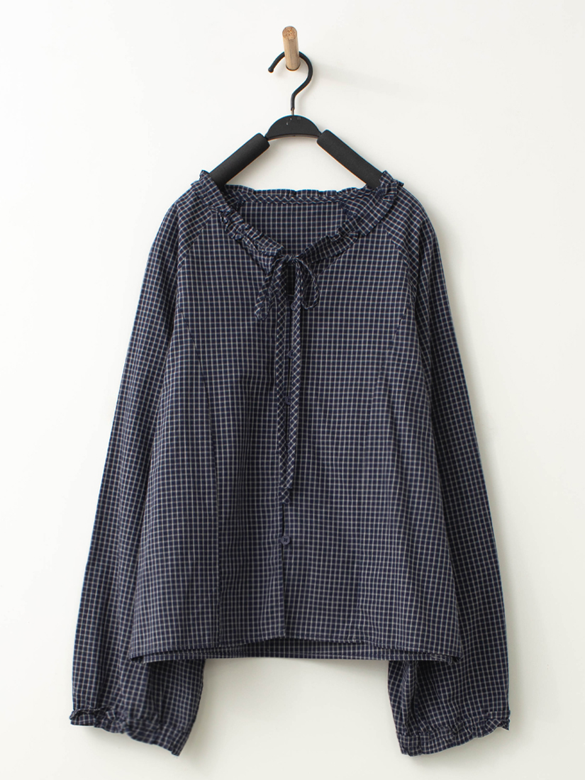 日系格紋荷葉綁帶長袖上衣
