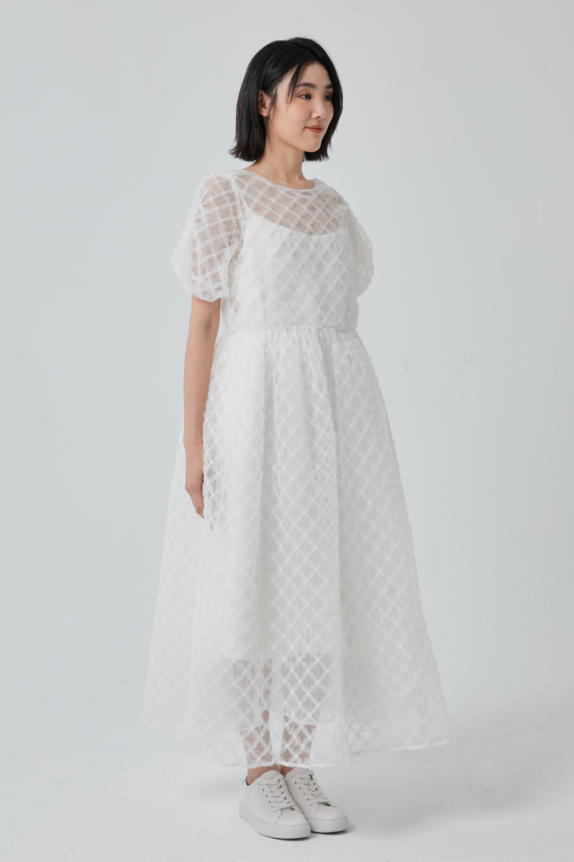 柔霧格紋紗洋裝