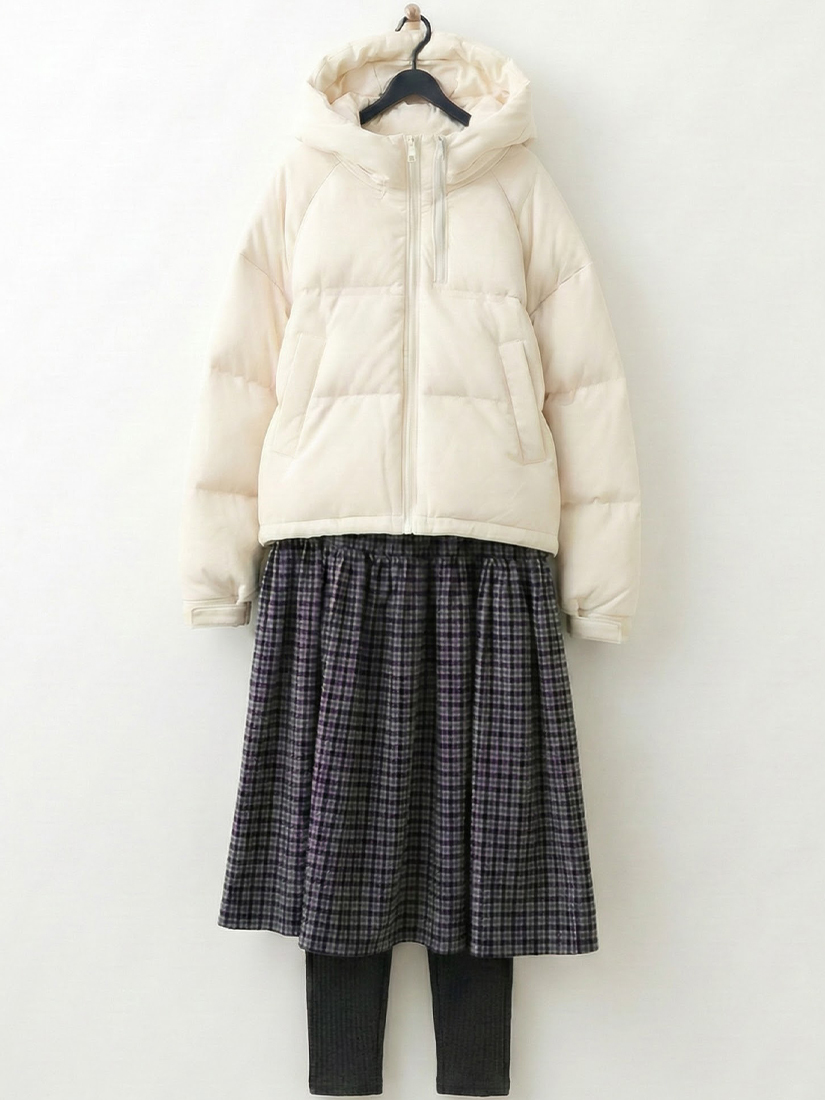 輕盈保暖羽絨短外套磨毛細褶口袋八分裙組合