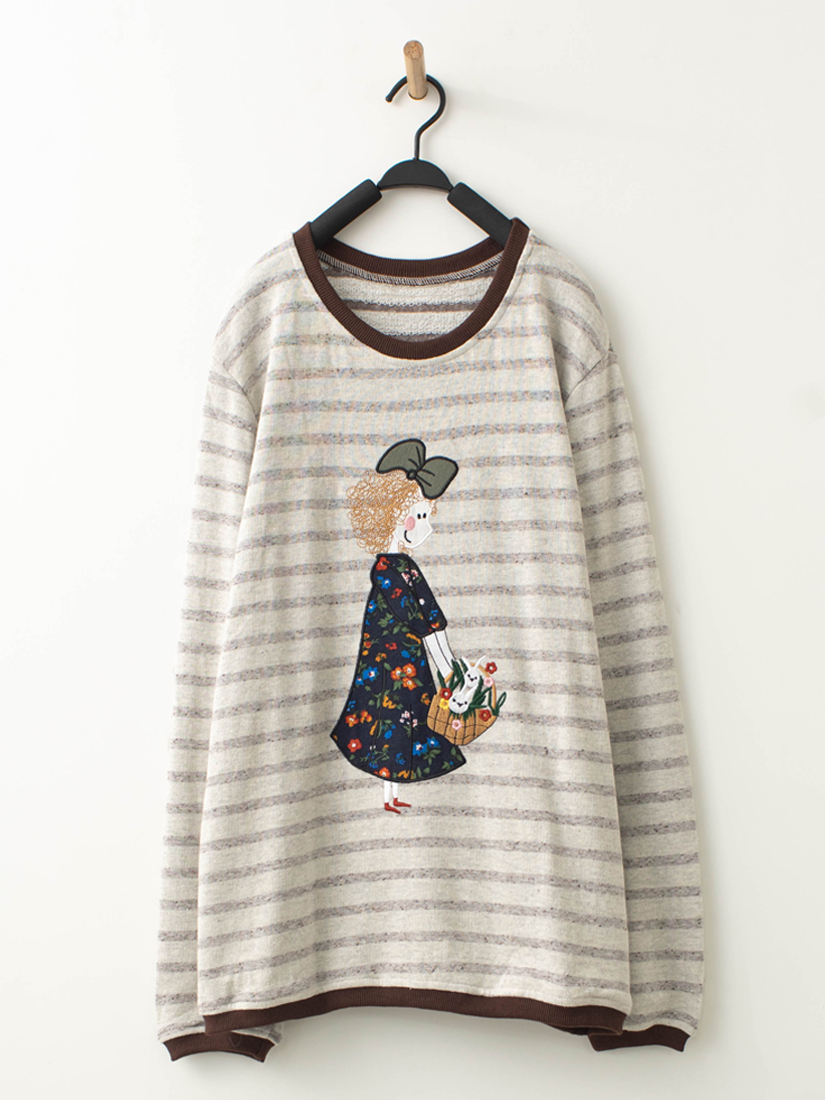 碎花拼布條紋毛圈布大學T