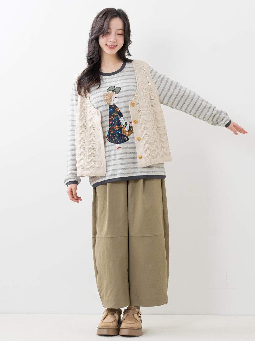 簍空織紋背心條紋大學T打褶繭型褲組合