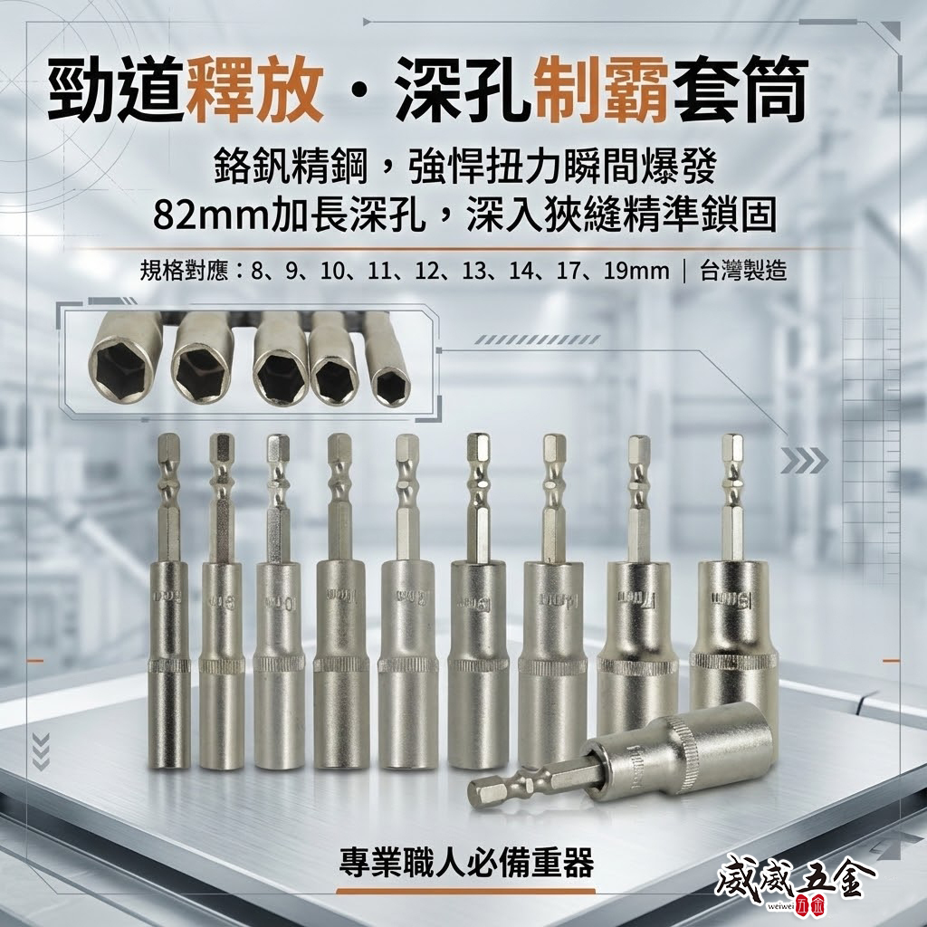 GX｜六角軸無磁深孔套筒｜8-19mm 長 82mm 無磁鐵六角柄深孔長型套筒 六角中長型套筒｜台灣製｜裸裝