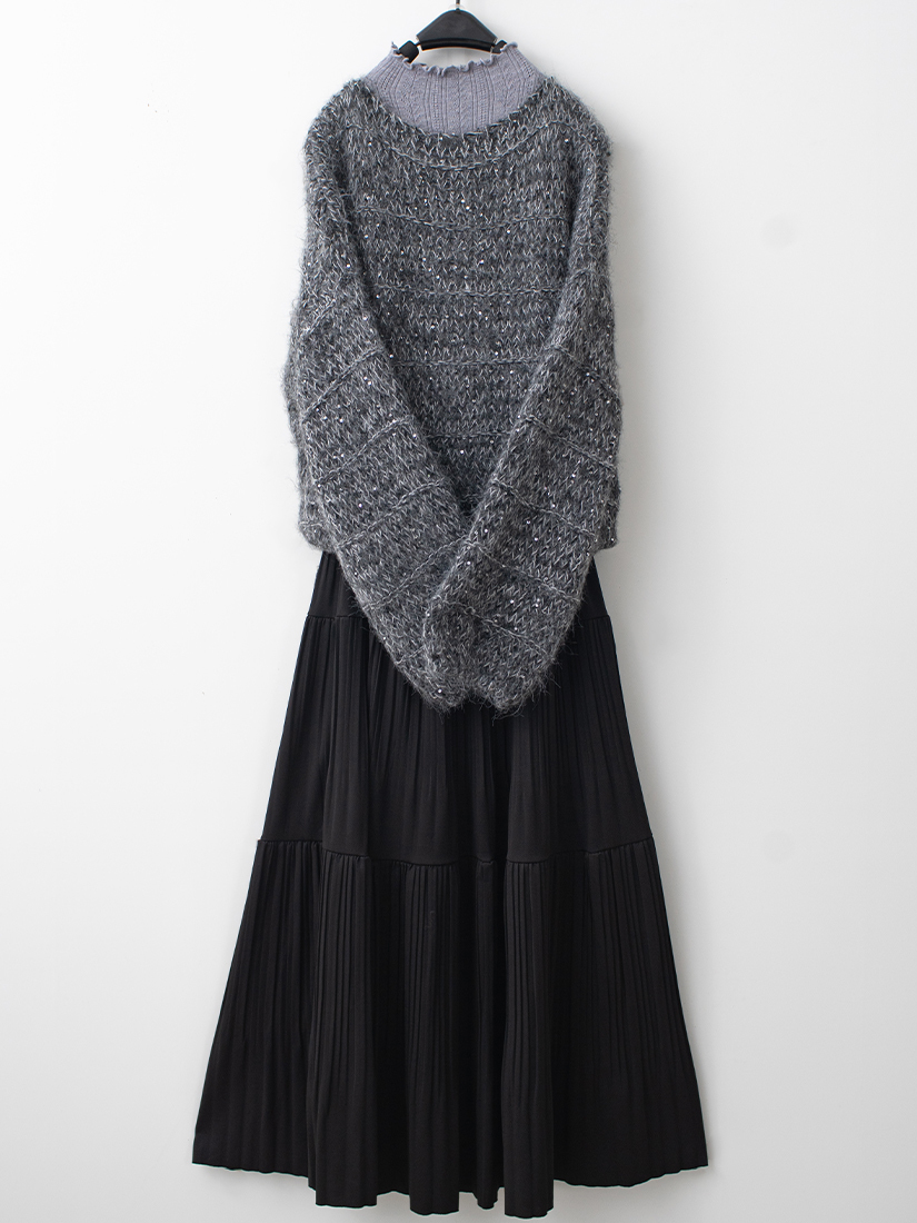 織紋亮片紗毛衣木耳邊立領內搭壓褶絨感裙組合