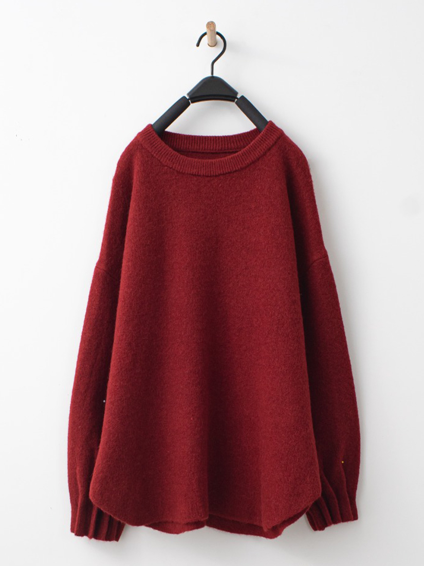 素色簡約袖口抓褶下擺弧形長版毛衣
