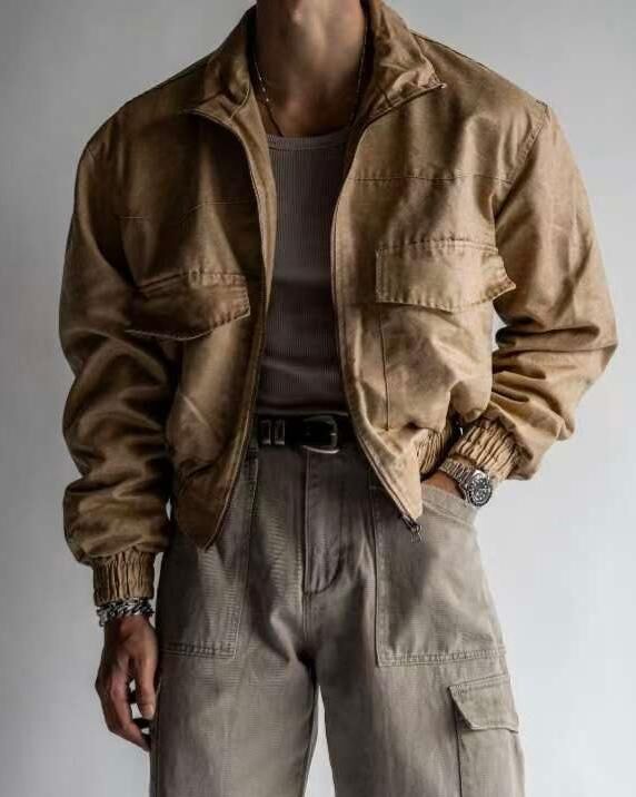 淨色企領拉鍊合成皮褸 Tac-0366JK