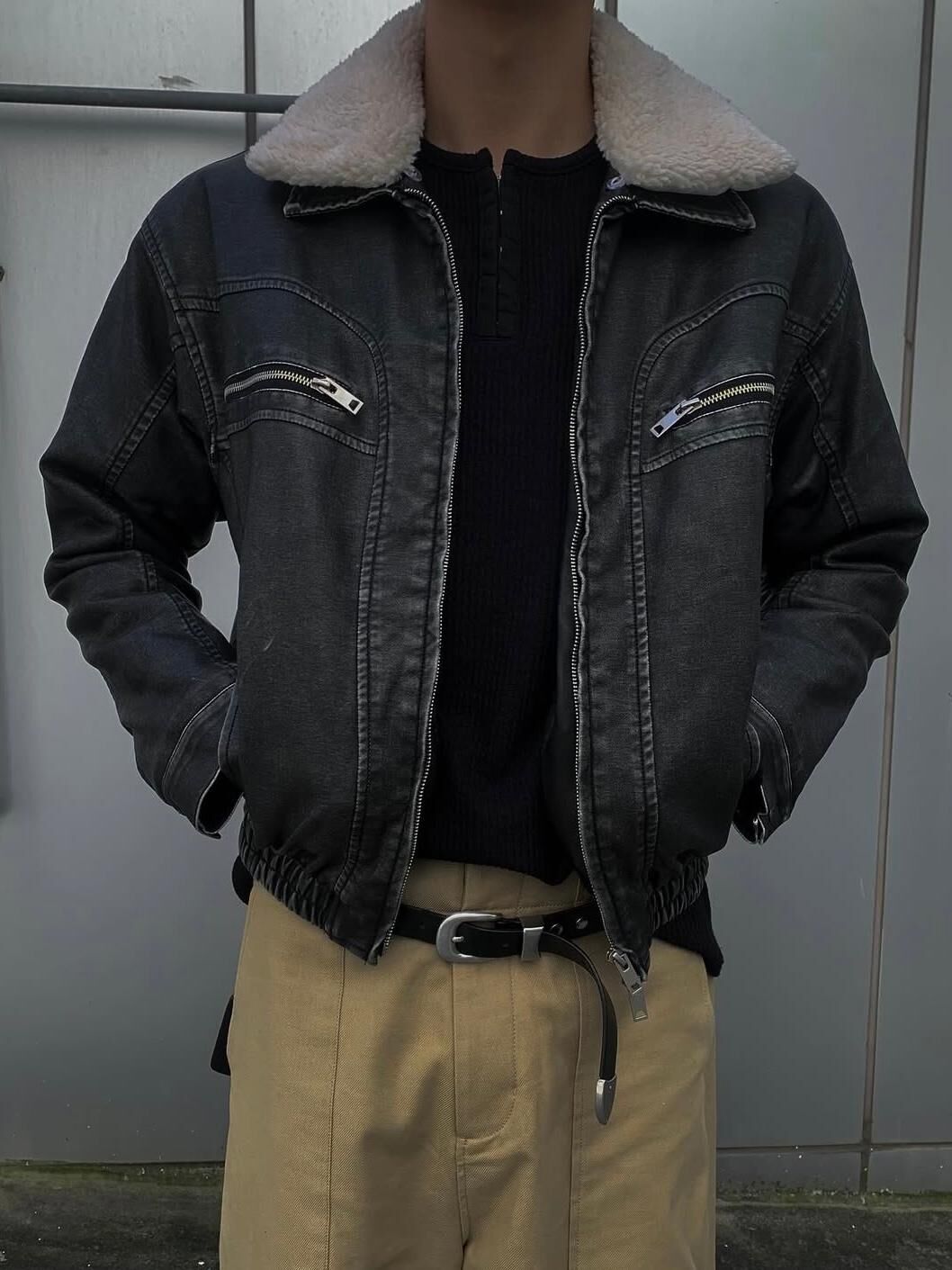 毛毛領拉鍊合成皮褸(毛領可拆/薄夾棉) OUR ROOM-158JK