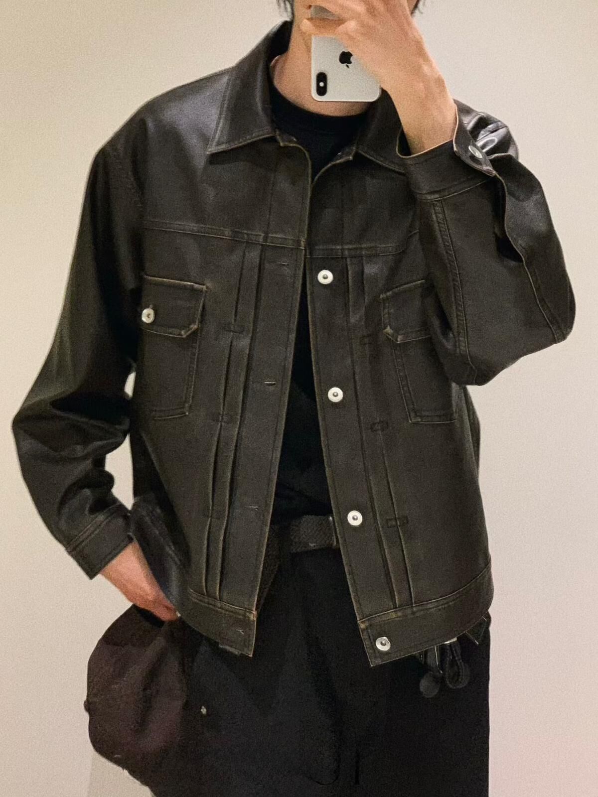 反領開胸合成皮褸 JK2657