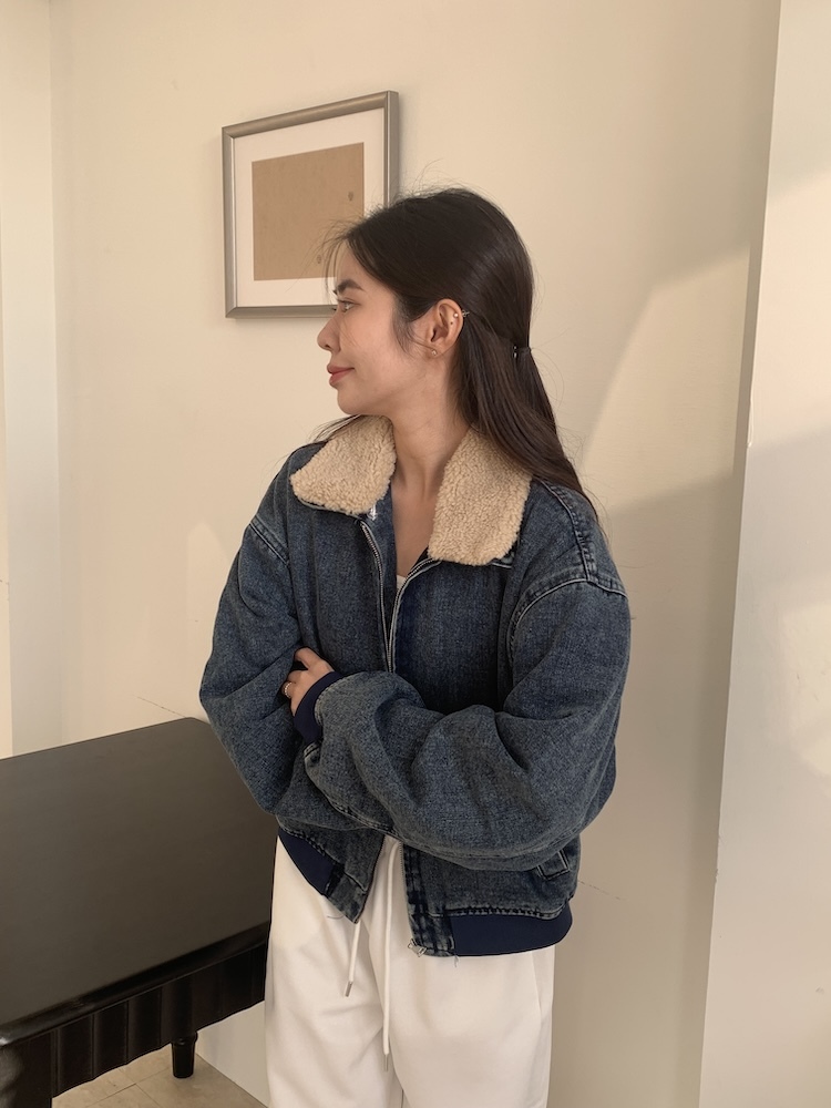 牛仔鋪棉外套 毛毛可拆