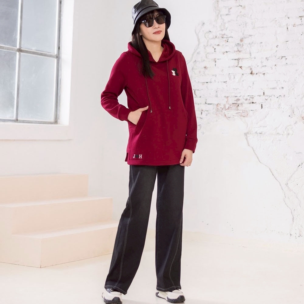 （保暖內絨毛）貓咪造型修身剪裁口袋設計長版帽T X6631