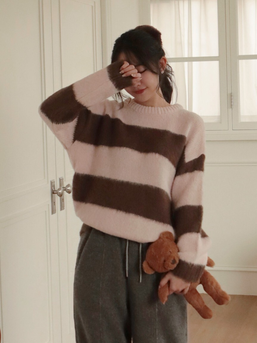 25K127 草莓巧克力千層 混羊毛粗條紋毛衣