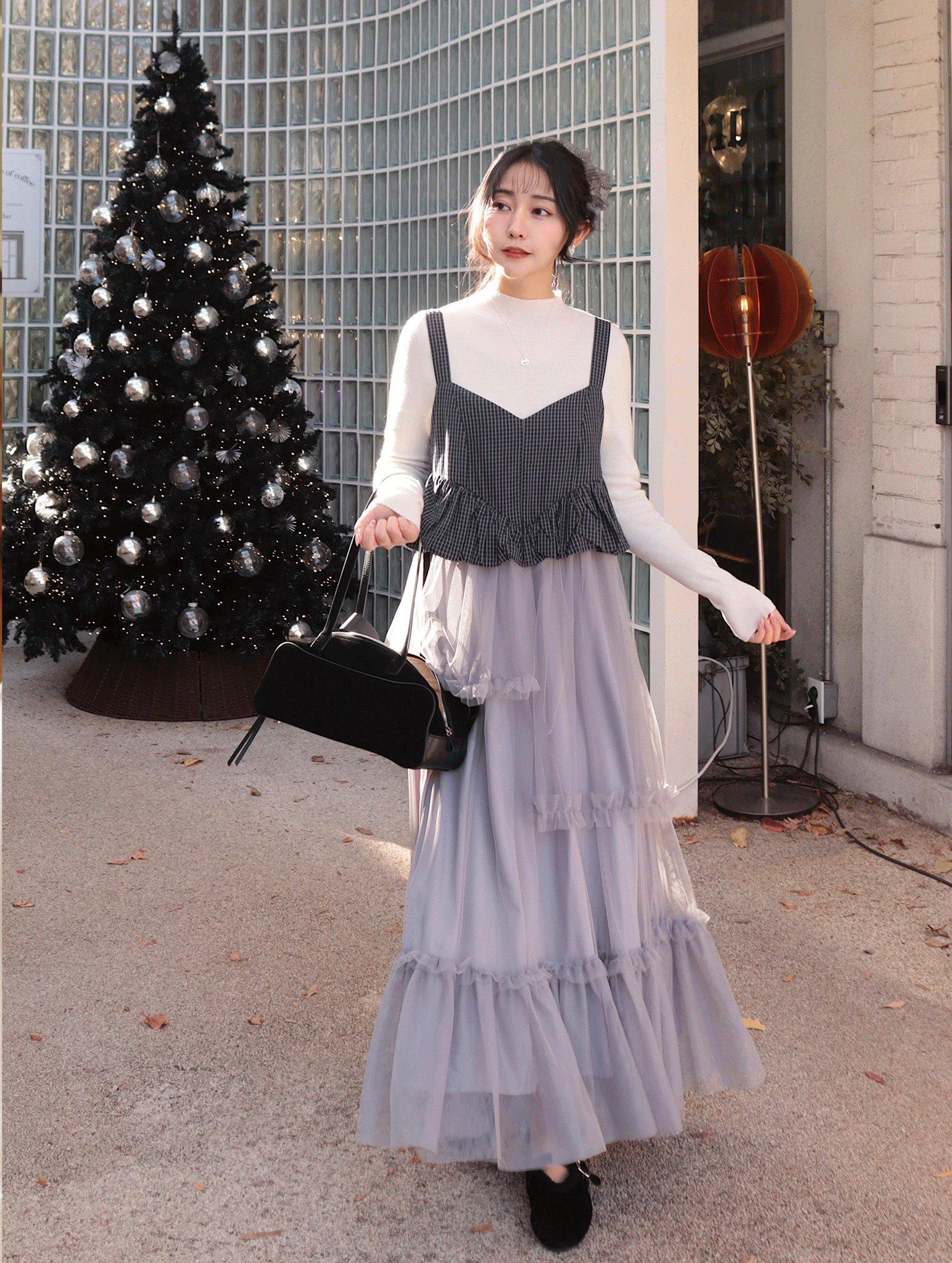 CG12 品牌自訂 冬日音樂盒 歐式格紋雲朵背心拼接不規則多層次紗裙吊帶洋裝