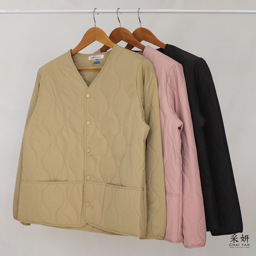 弧形縫線平口袋薄鋪棉長袖外套