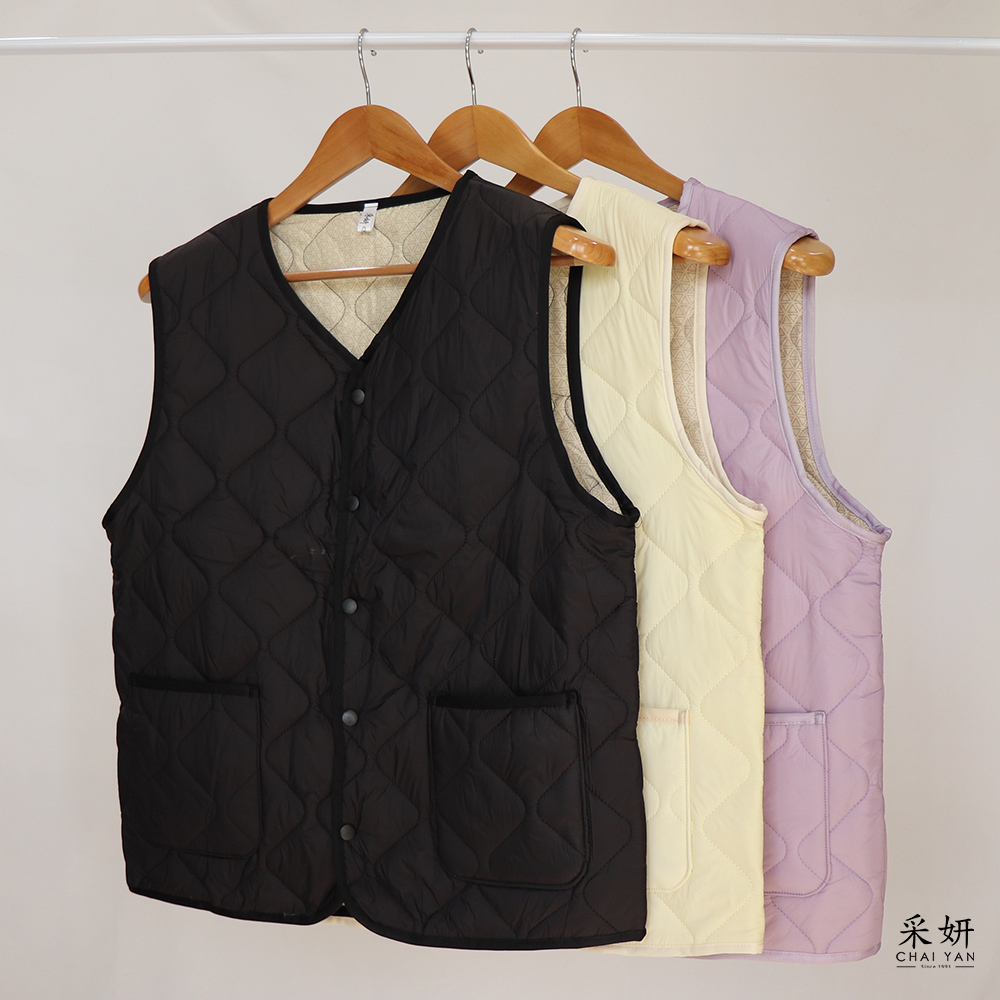 跳色平口袋薄鋪棉背心