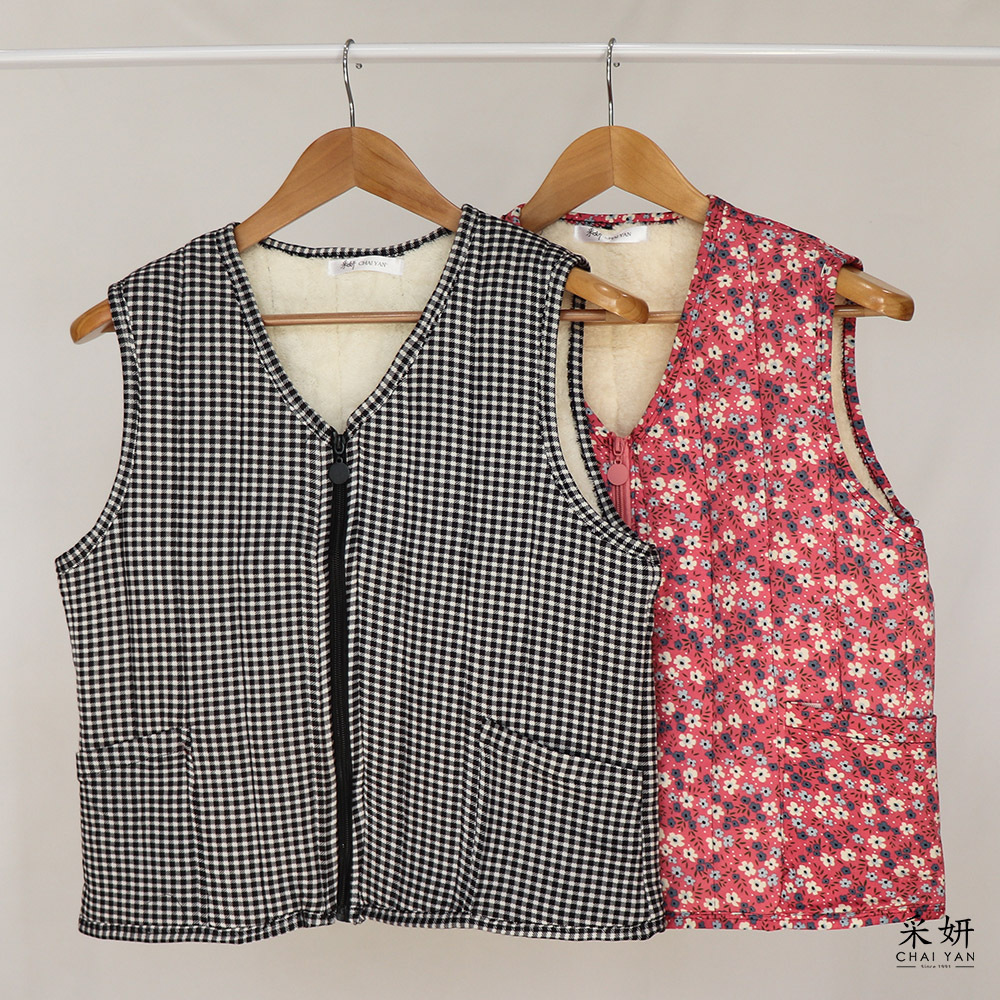 碎花黑白格刷毛背心