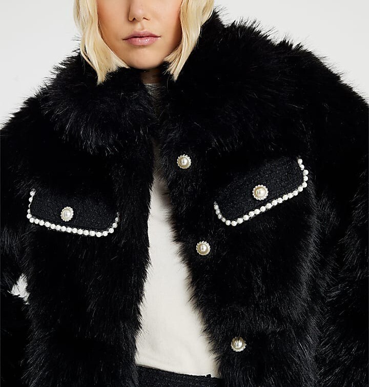 Lux Winter黑色珍珠釦口袋 Vegan皮草短大衣外套