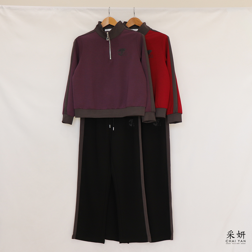 二件式 微絨刺繡長袖上衣+邊線跳色長褲