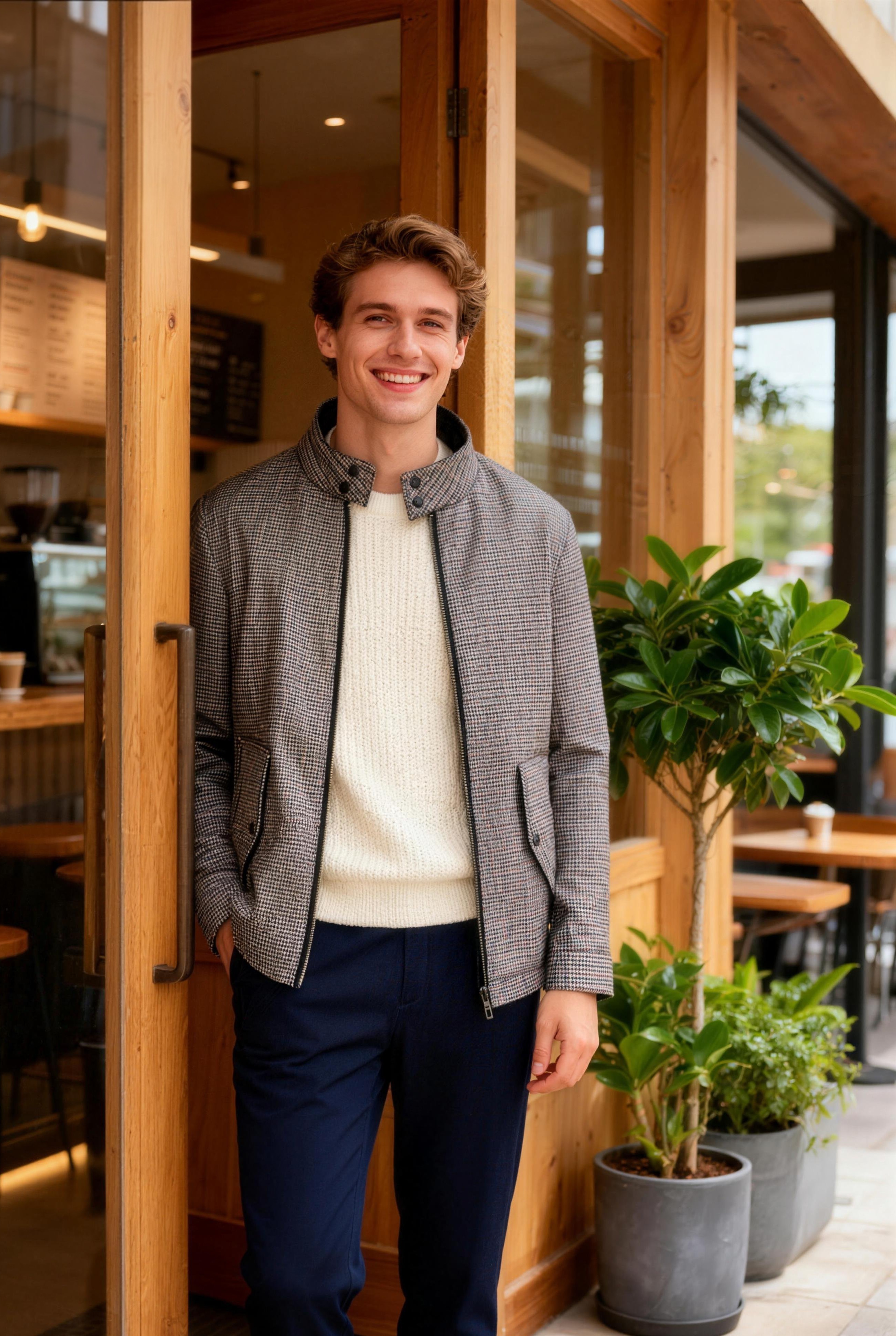 259093 男裝千鳥格立領長袖夾克外套