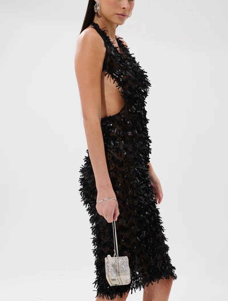 Black Flower黑色繞脖露背綁帶亮片流蘇Dress