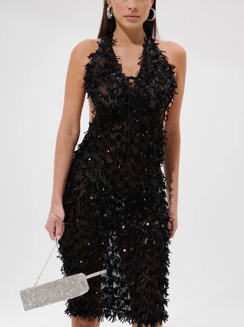 Black Flower黑色繞脖露背綁帶亮片流蘇Dress