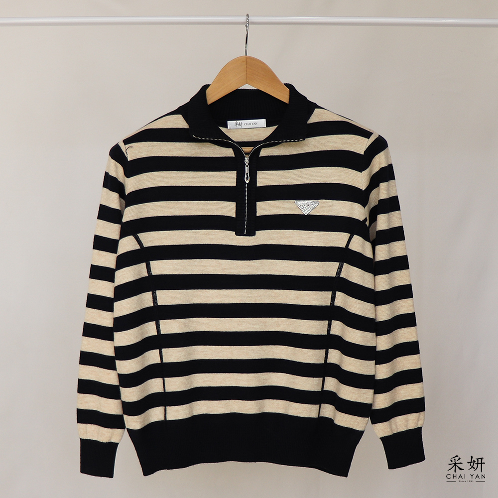 三角水鑽拉鍊立領針織長袖上衣