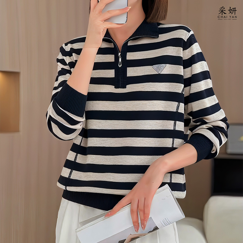 三角水鑽拉鍊立領針織長袖上衣