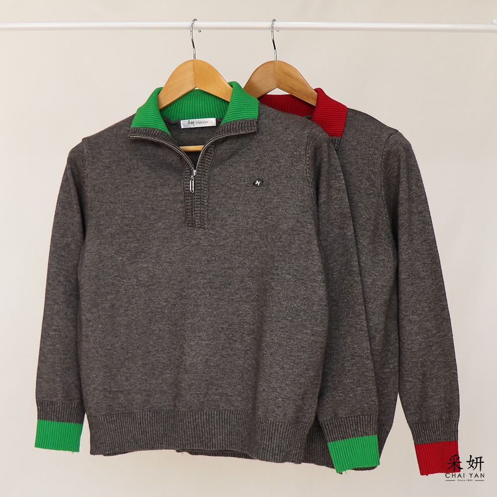 跳色半開拉鍊立領針織長袖上衣