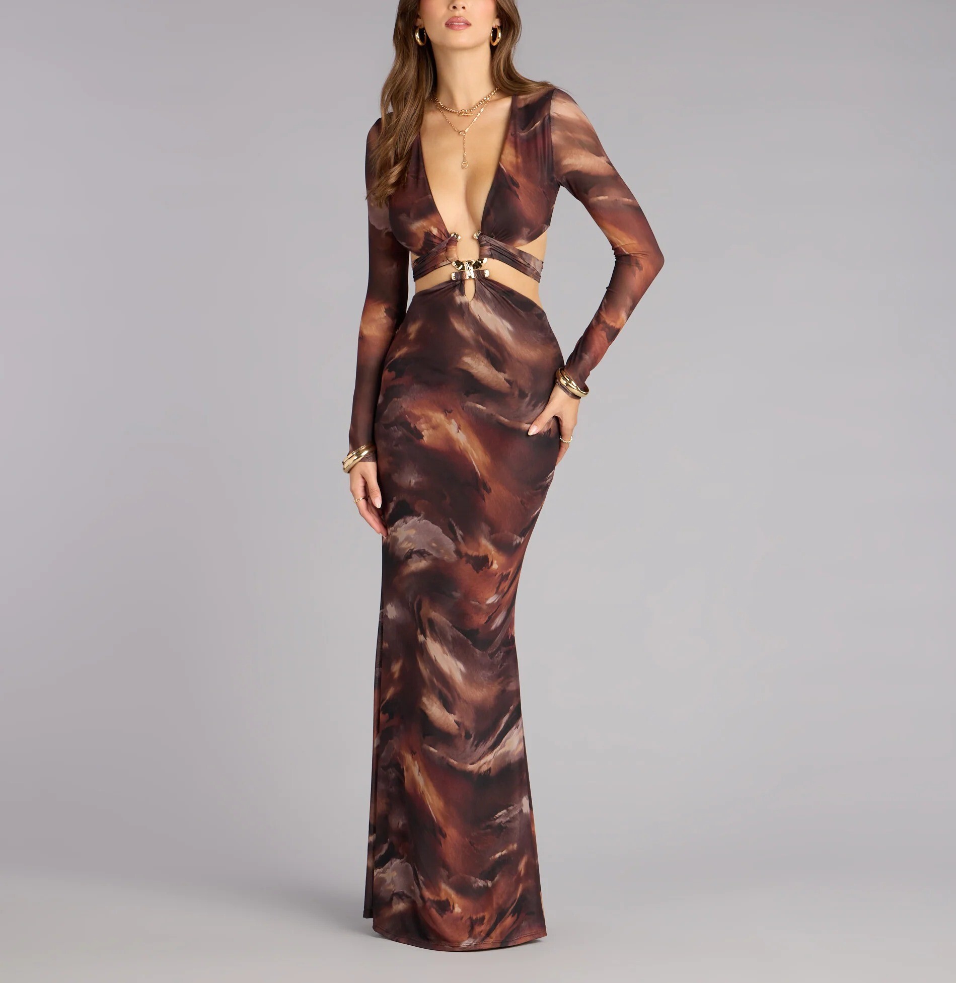 Cream Brownie布朗尼色印花金屬飾深v領Cutout 人魚Dress