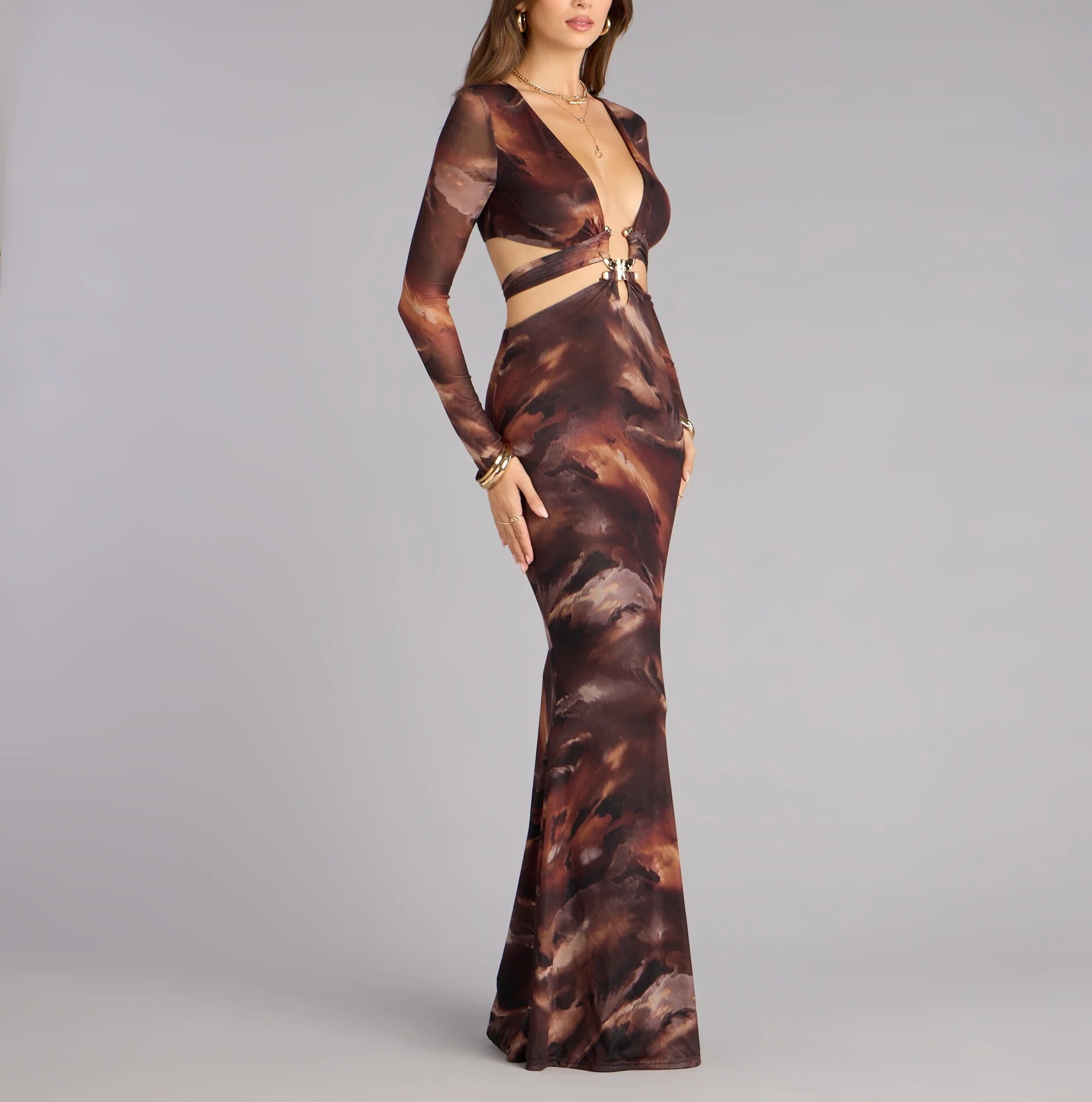 Cream Brownie布朗尼色印花金屬飾深v領Cutout 人魚Dress