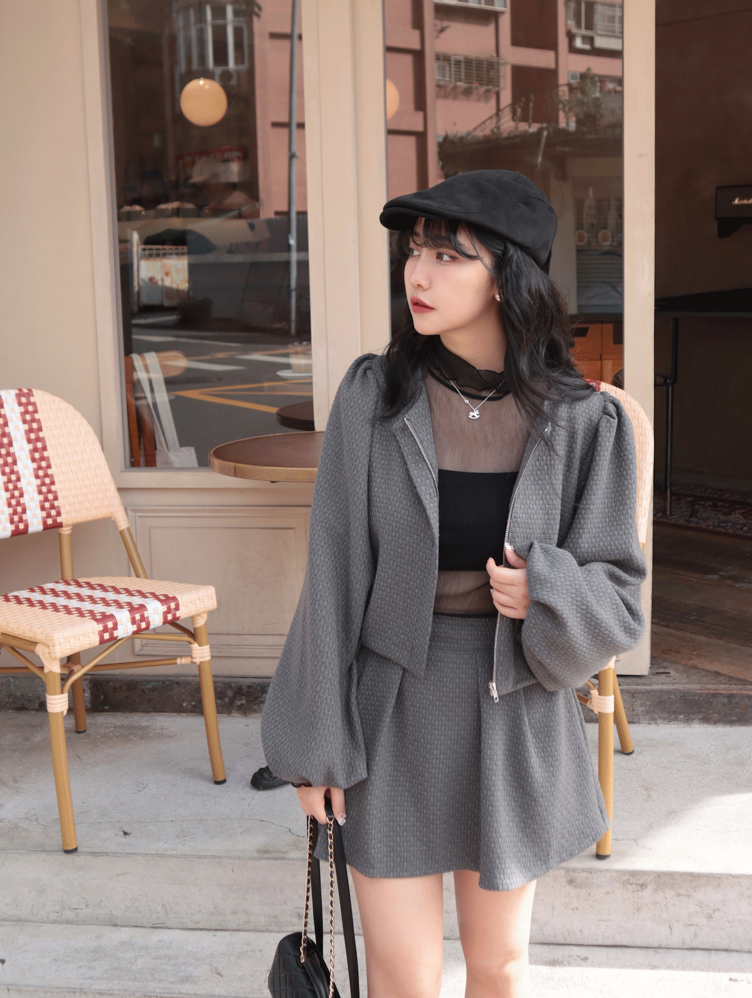 25K205 本期推薦 中高單高CP款 法式尼花澎袖小外套+顯瘦寬襬褶短褲裙套裝Set