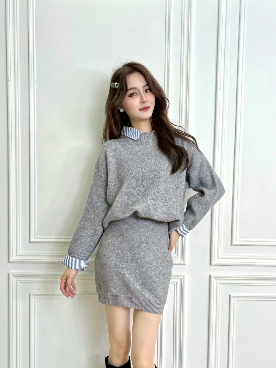 條紋襯衫領針織短裙SET