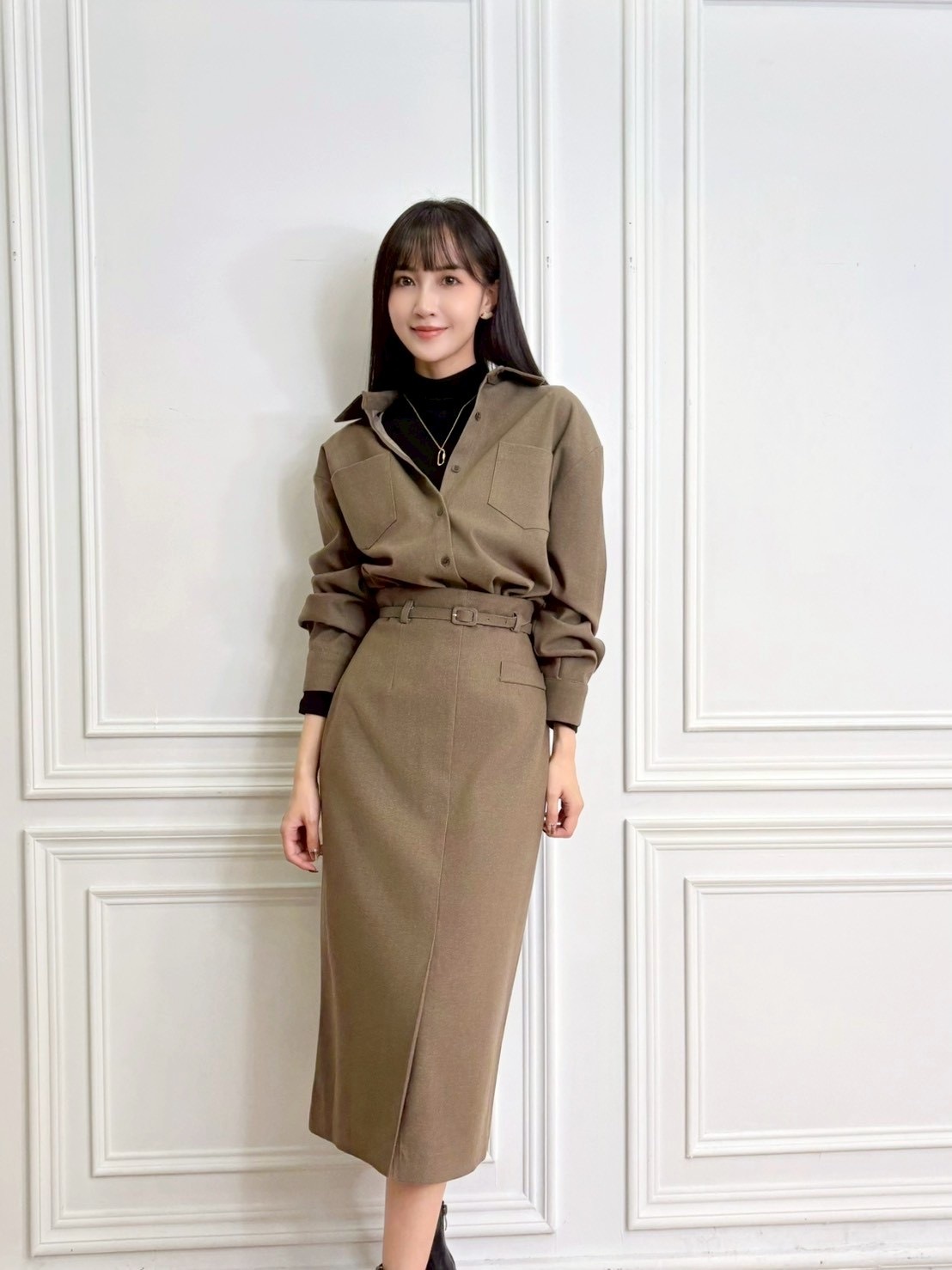 毛料襯衫腰帶長窄裙套裝