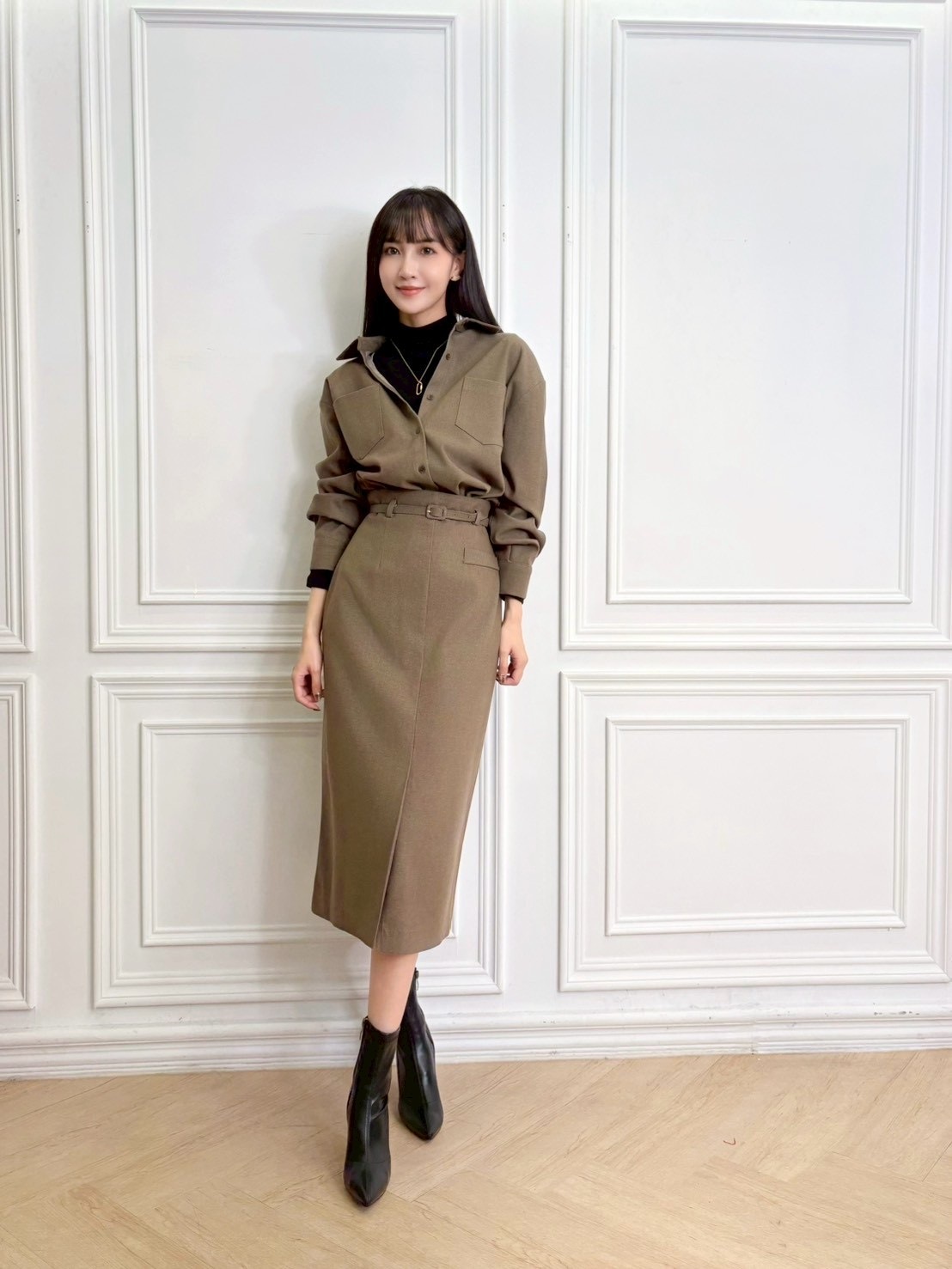 毛料襯衫腰帶長窄裙套裝