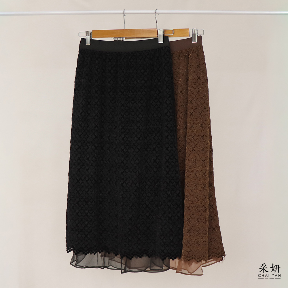 交叉格微絨中長裙