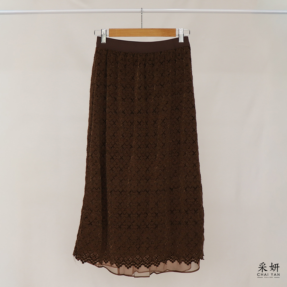 交叉格微絨中長裙