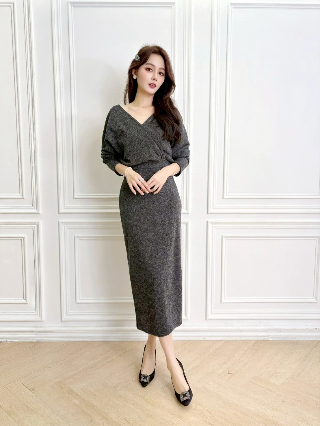 V領磨毛感針織合身長洋