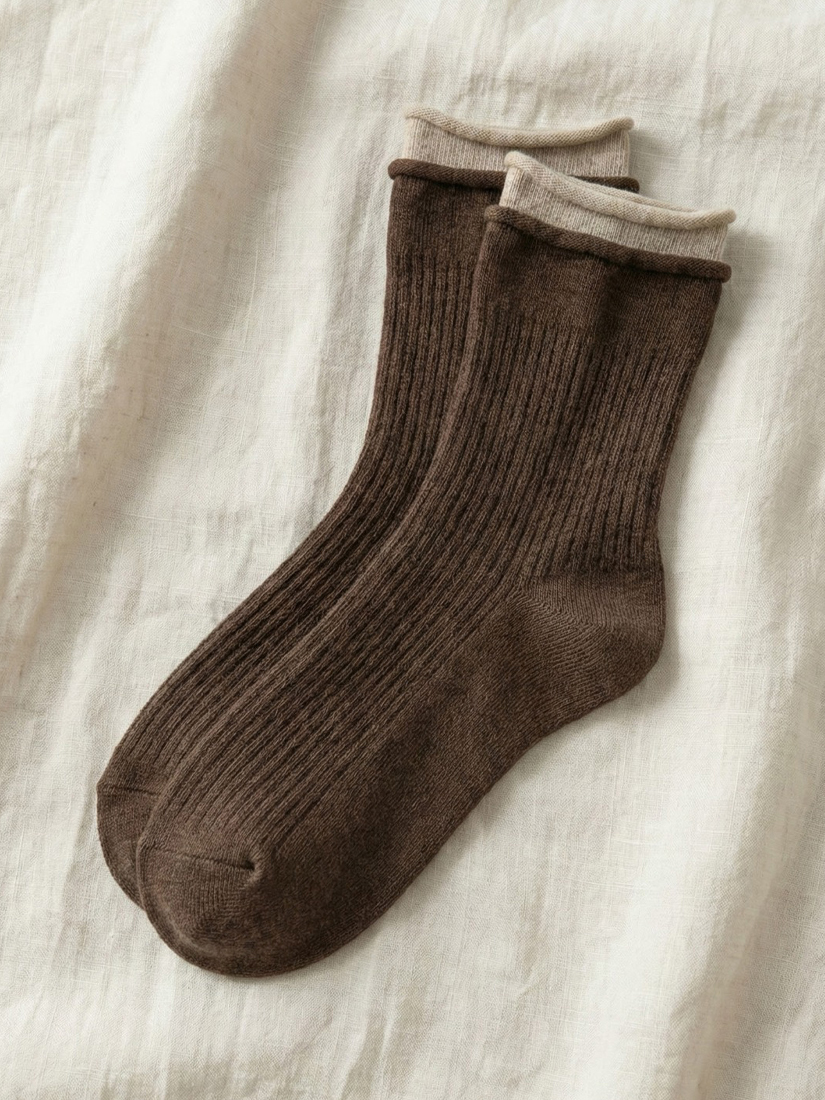 雙層木耳邊配色直紋中筒襪