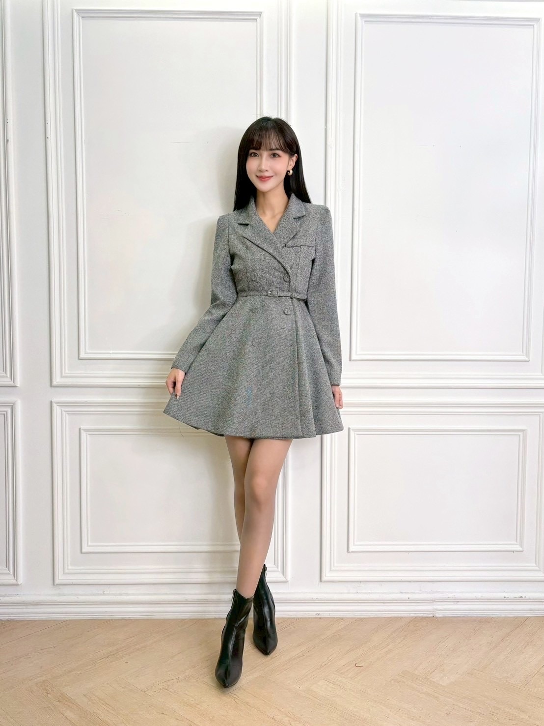 翻領織紋毛料雙排釦腰帶傘洋