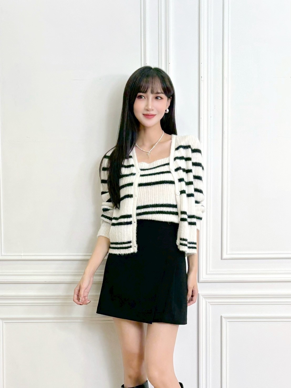 坑條橫條紋針織背心+外套SET