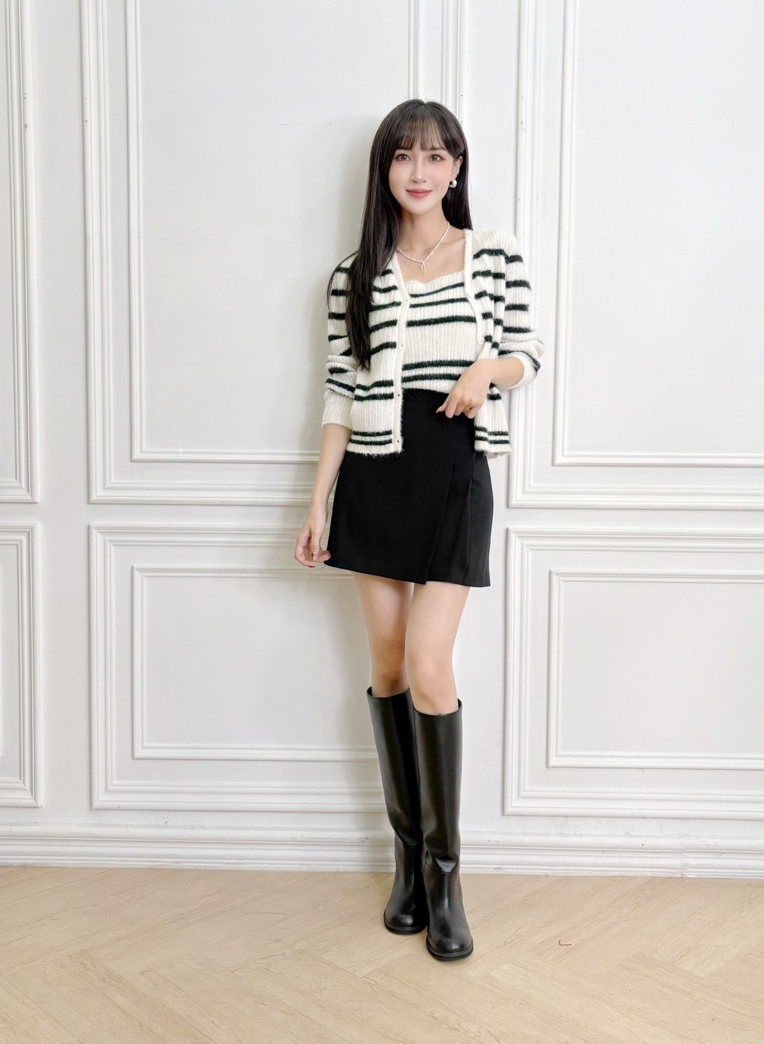 坑條橫條紋針織背心+外套SET
