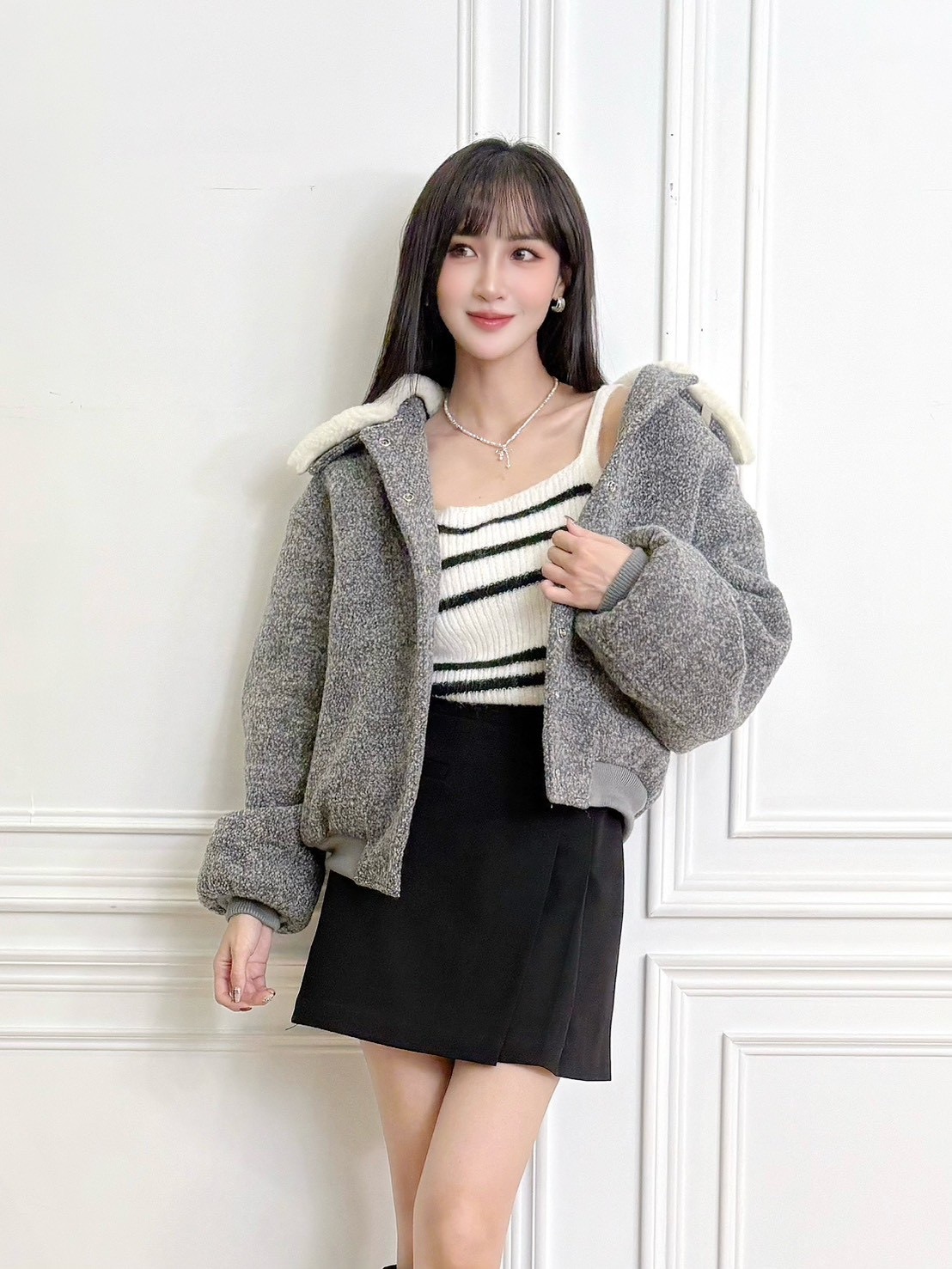 側打褶裁片西裝短裙