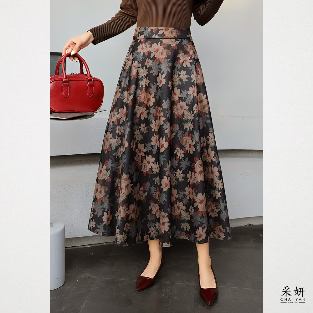 花朵毛織中長裙