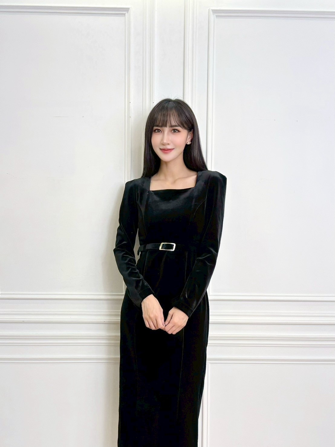 方領長袖絨面腰帶合身洋