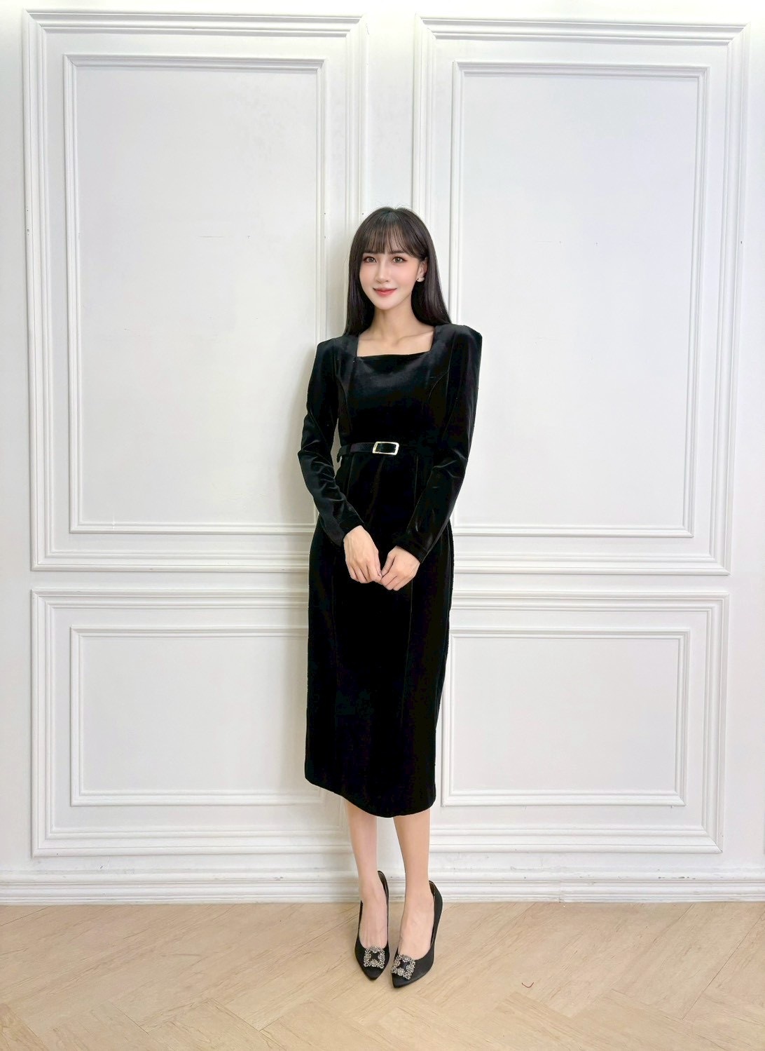 方領長袖絨面腰帶合身洋