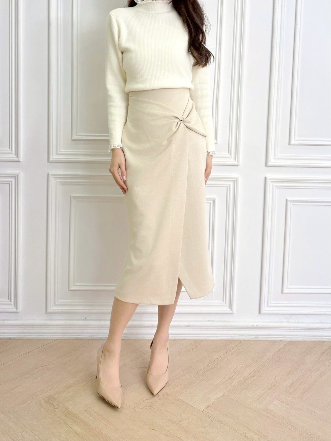 絨面側紐結前開衩合身窄裙
