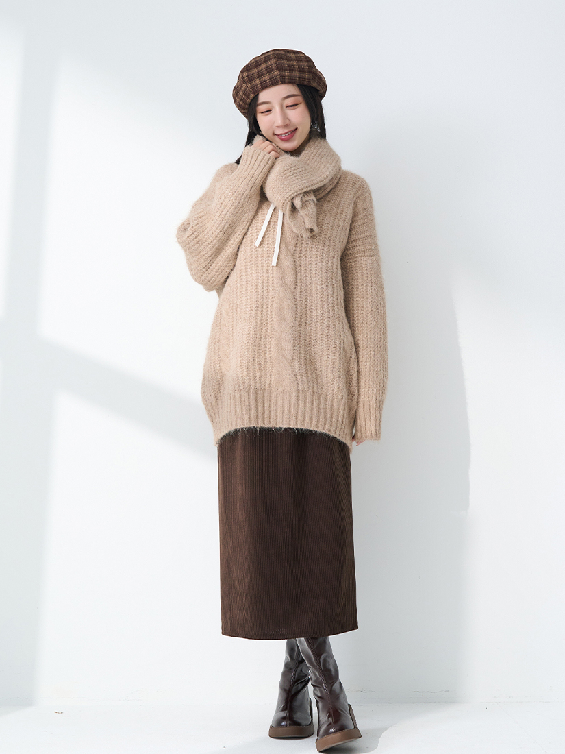 蓬鬆長版針織小立領條絨上衣顯瘦直筒裙組合