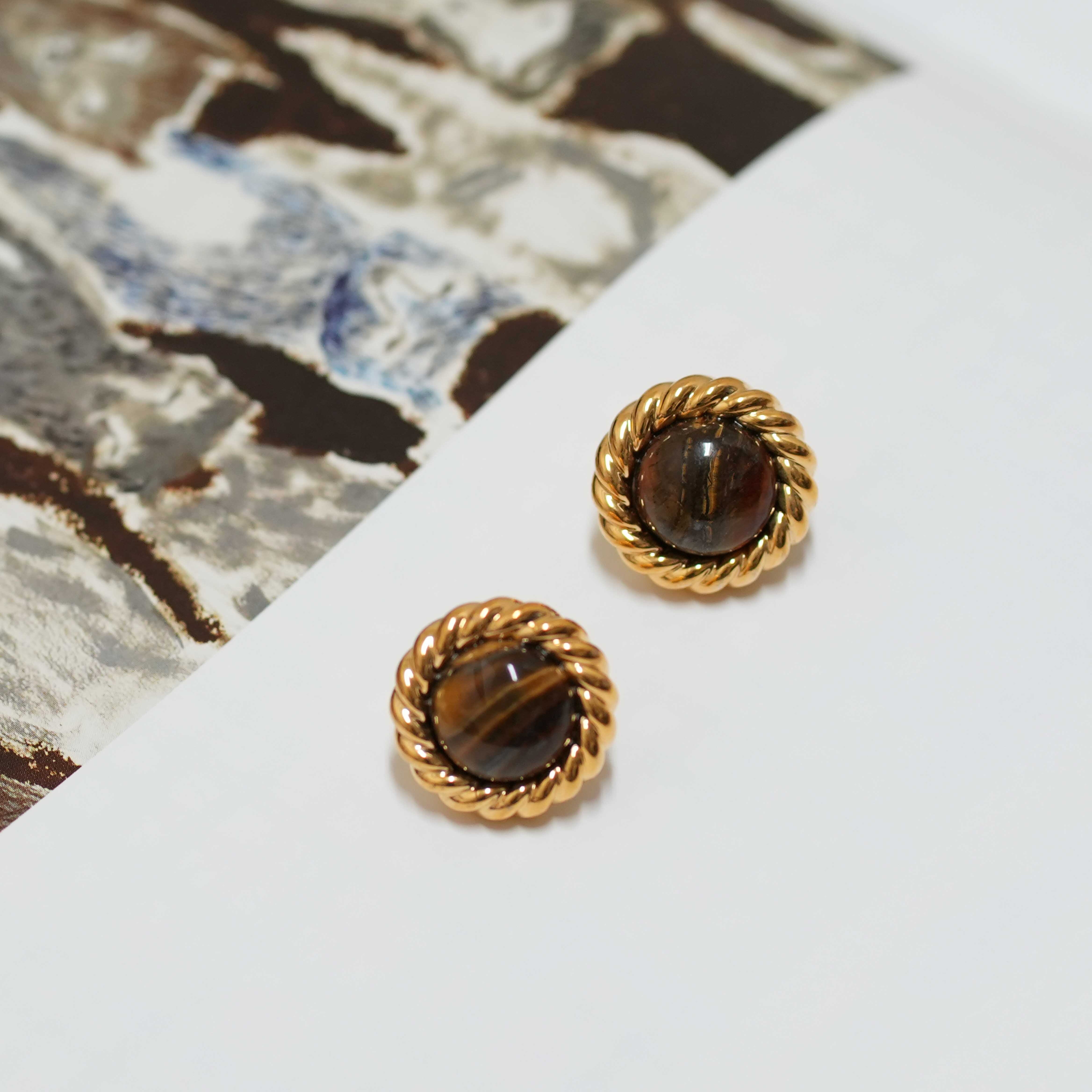 復古圓圈麻花虎眼石耳環