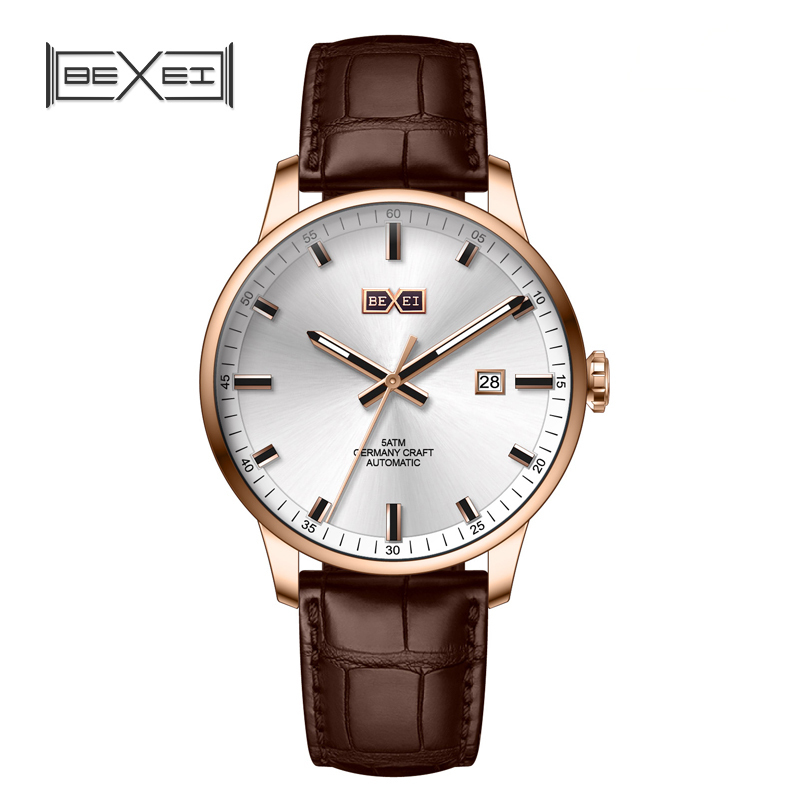 【BEXEI 貝克斯】 9067 簡約 休閒 百搭 日期顯示 夜光 皮革 機械 手錶 男錶 腕錶 紳士
