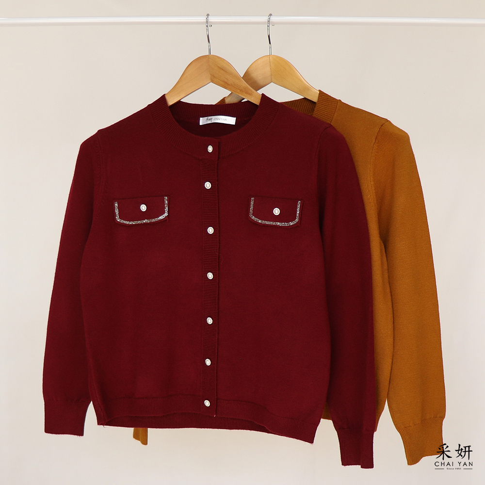 水鑽珍珠假口袋針織長袖上衣