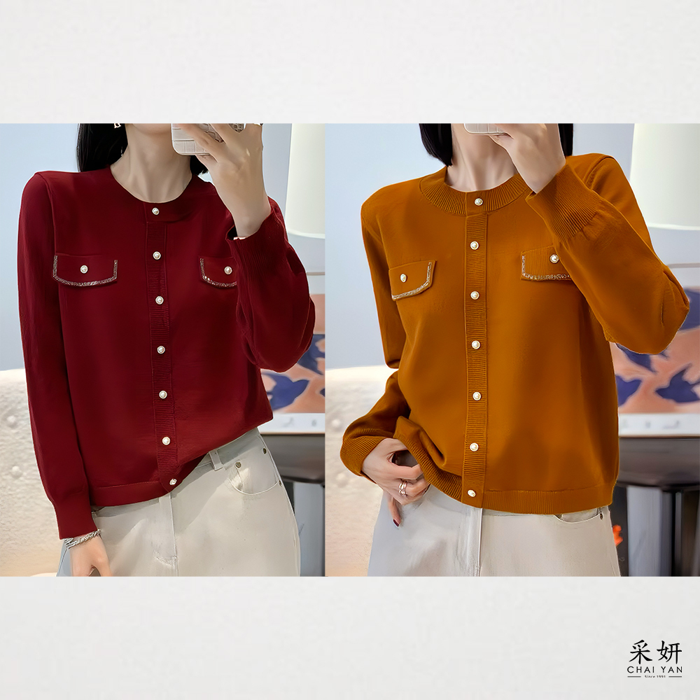 水鑽珍珠假口袋針織長袖上衣