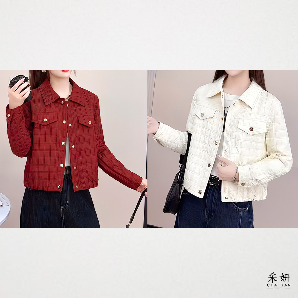 方紋假口袋薄鋪棉翻領長袖外套